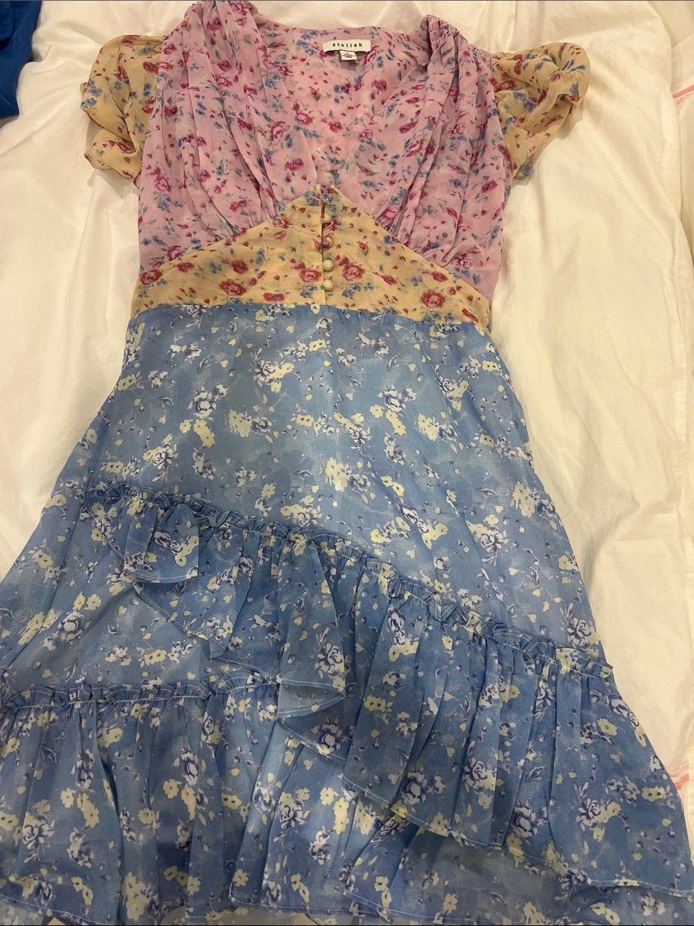 Stellah Pastel Floral Patchwork Mini Dress — Pink, Yellow & Blue